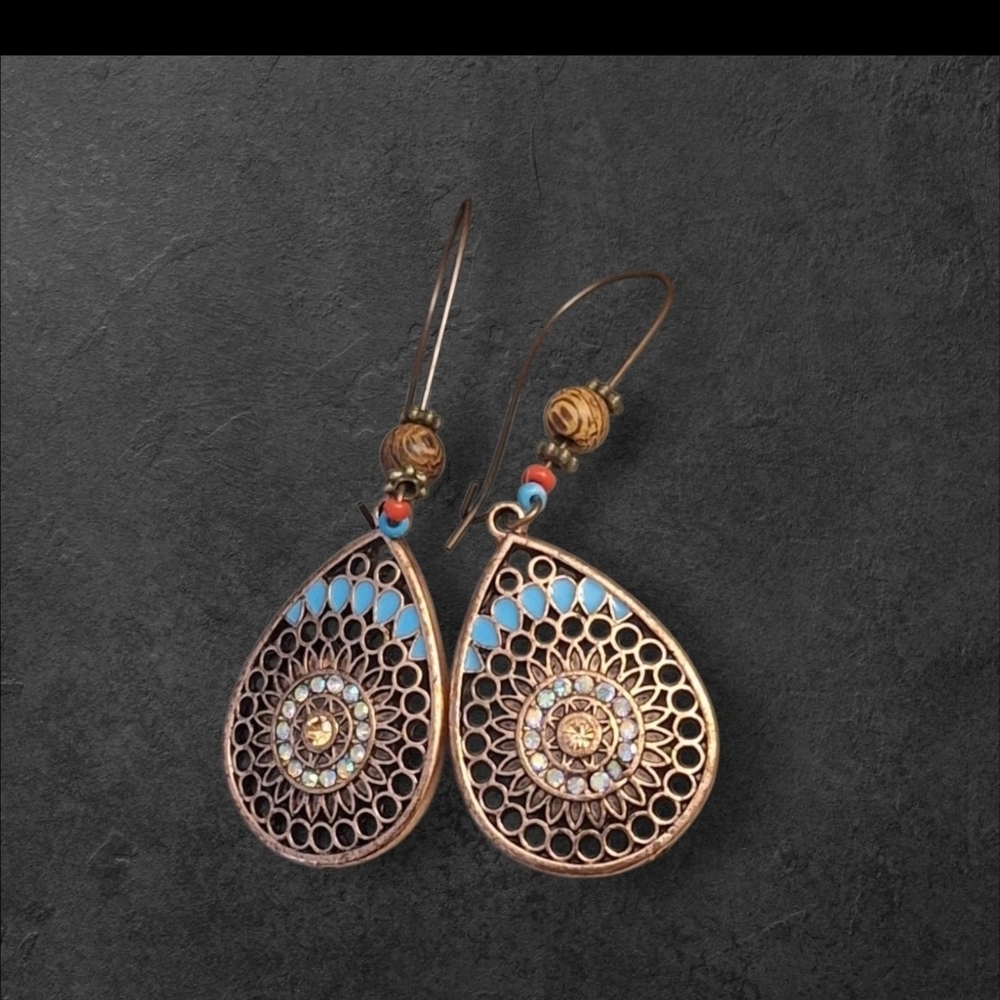 Gold and Blue Filigree Teardrop Earrings